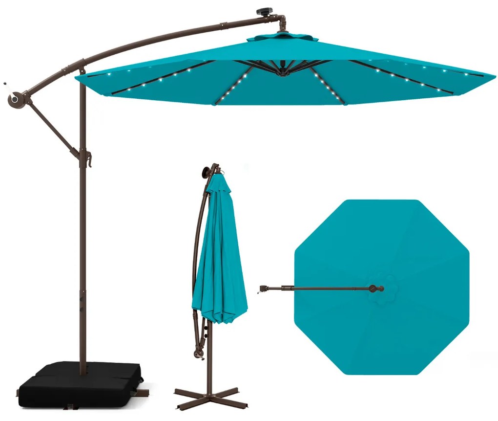 Guarda-sol de 3m com pega 32 luzes LED Painel solar com base de saco de areia pátio jardim piscina Turquesa