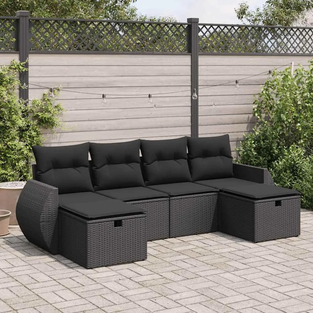 6 pcs conjunto sofás de jardim c/ almofadões vime PE preto