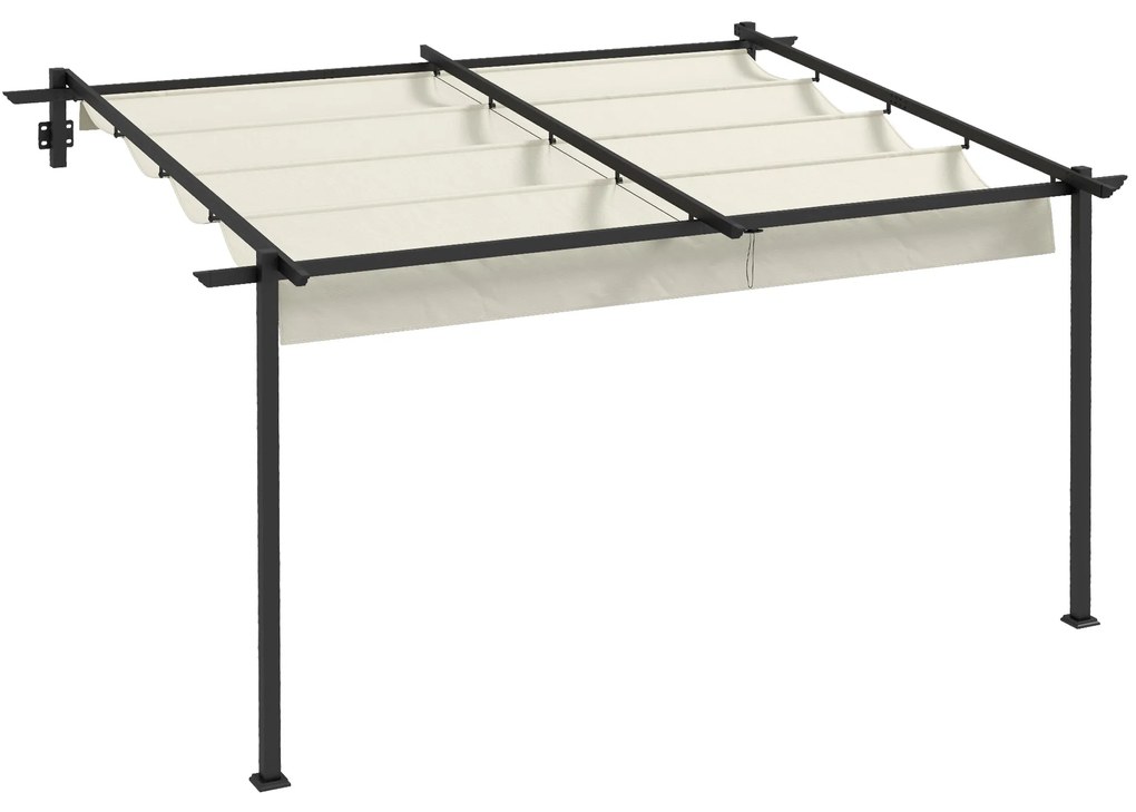 Outsunny Pérgola de Parede 4x3 m Pérgola de Jardim com Teto Retrátil de Poliéster e Estrutura de Aço Creme e Cinza Escuro
