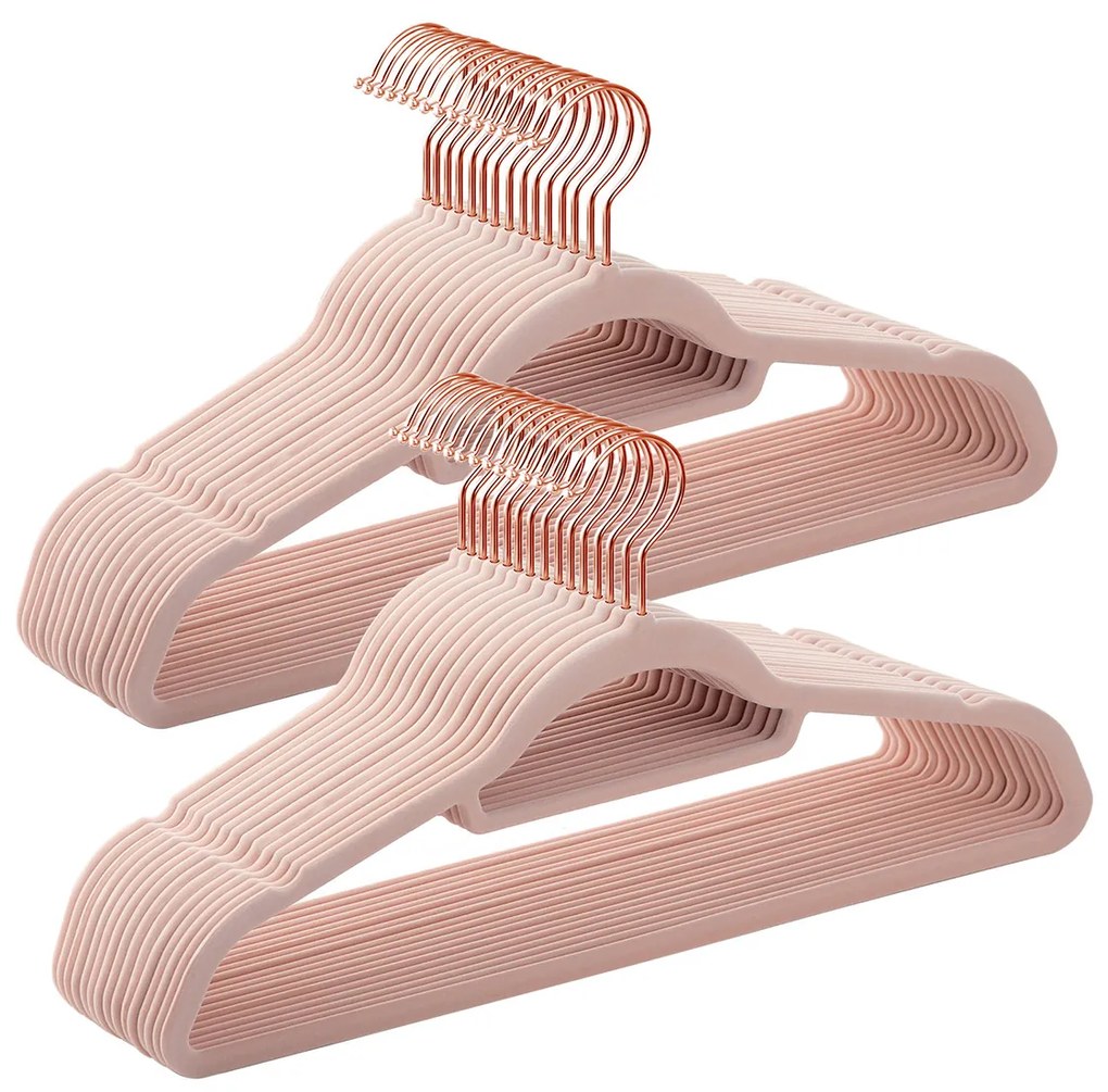 Conjunto de 30 cabides de veludo 45 x 23,5 cm rosa + dourado