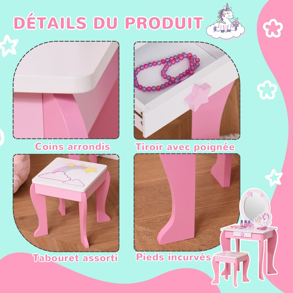 Toucador infantil com design de unicórnio - com Banco incluído 49 x 34 x 90 cm - gaveta, espelho - MDF - rosa e branco