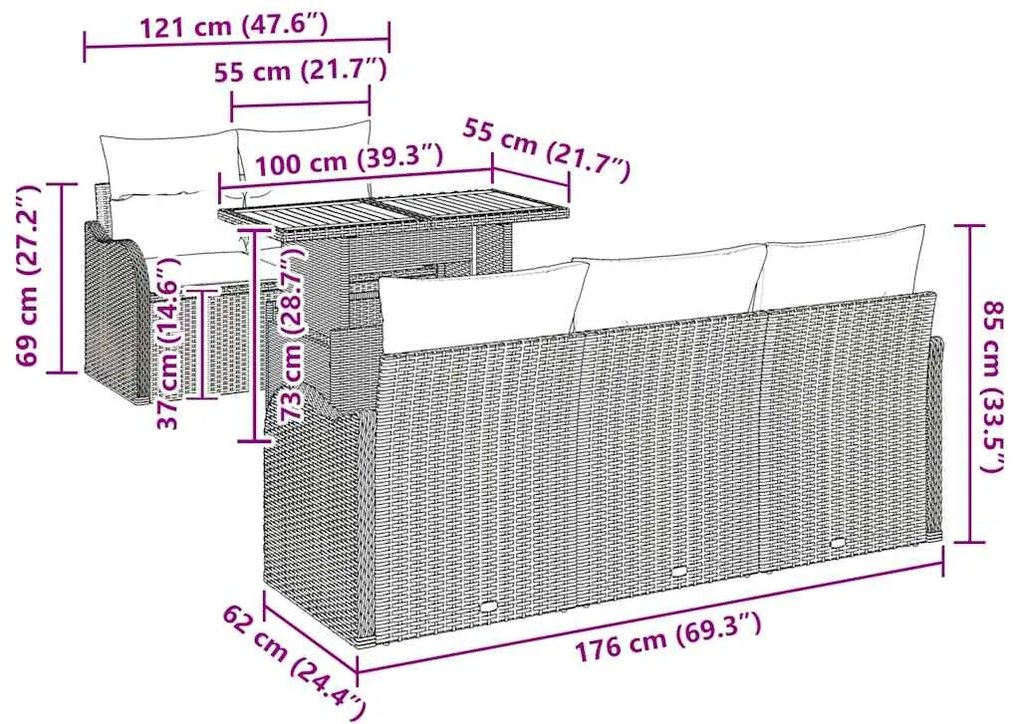 Conjunto de Sofá de Jardim 6 Peças com Almofadas Cinza em Rattan de Po