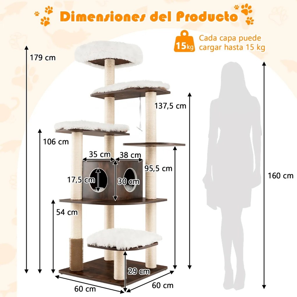 Arranhador de escalada para gatos 179 cm Árvore de actividades multinível com coçador Plataformas de arranhar Colunas de corda de sisal Castanho