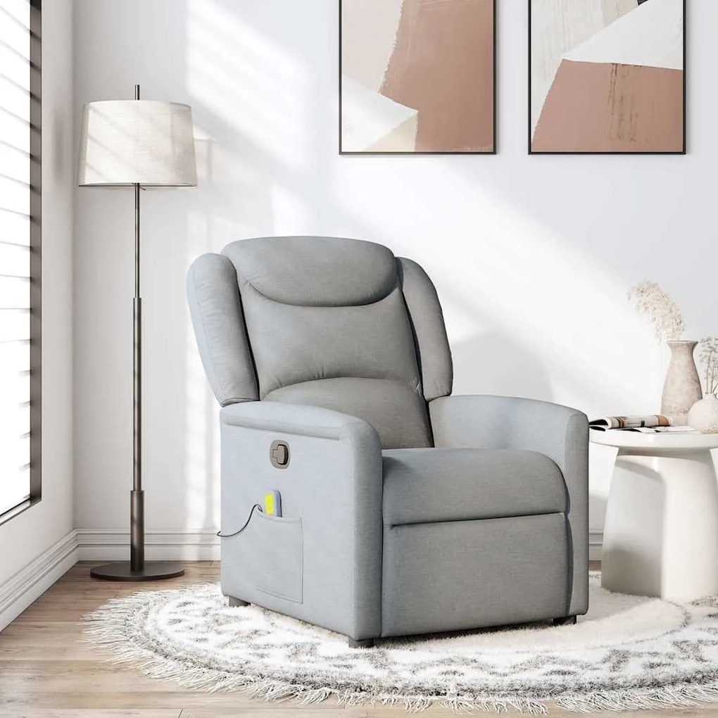 vidaXL Poltrona de massagens reclinável tecido cinzento-claro