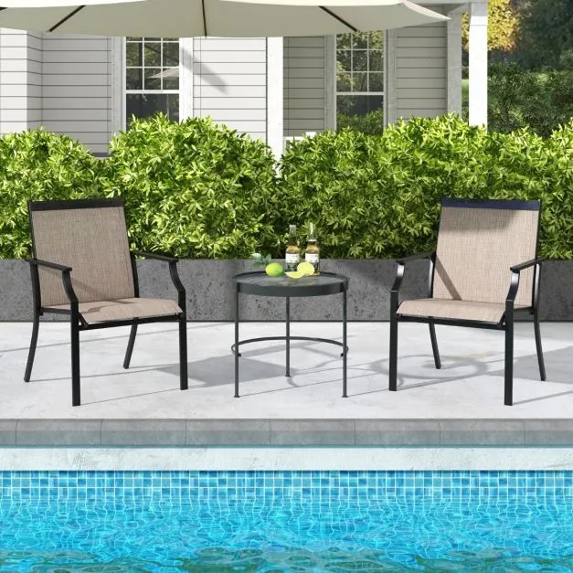 Conjunto de 2 cadeiras de jardim com assento respirável Estrutura metálica encosto alto e apoios de braços ergonómicos Castanho