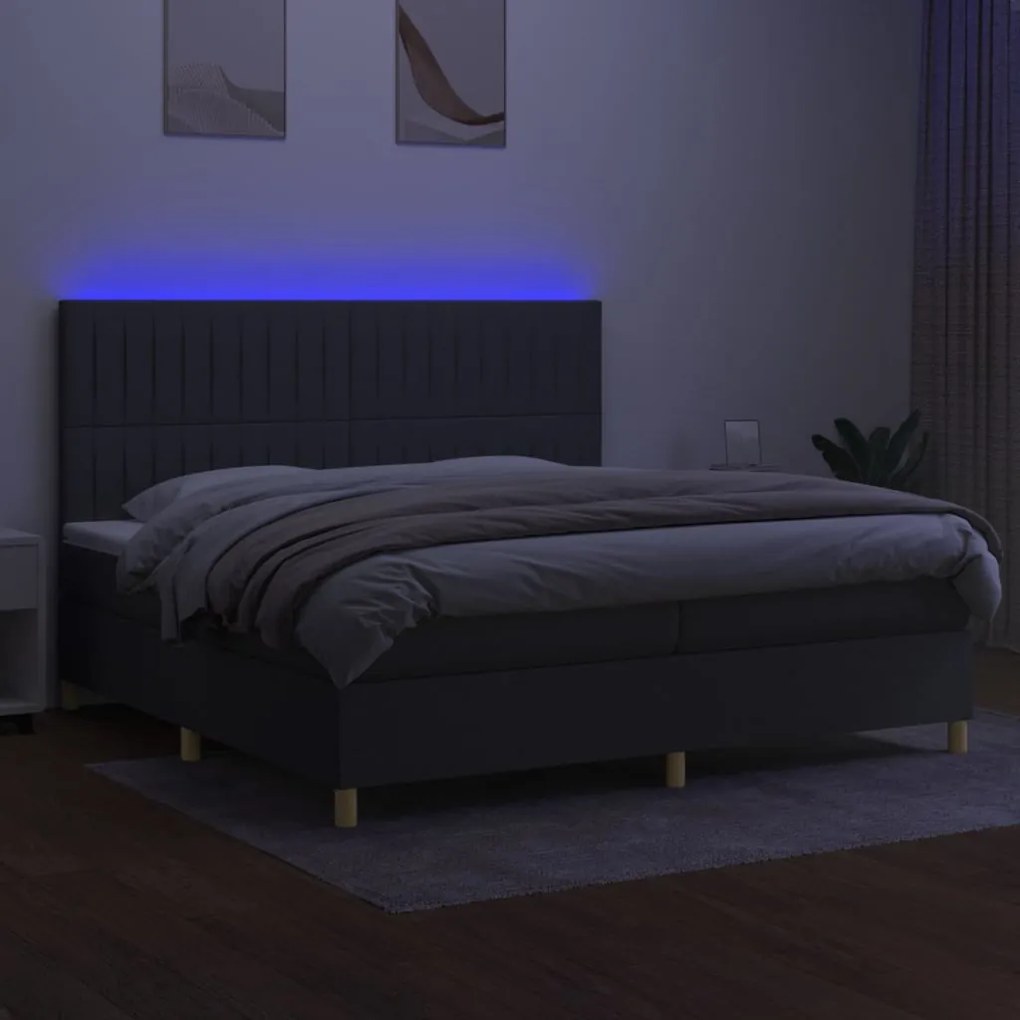 Cama box spring c/ colchão e LED 200x200 cm tecido cinza-escuro