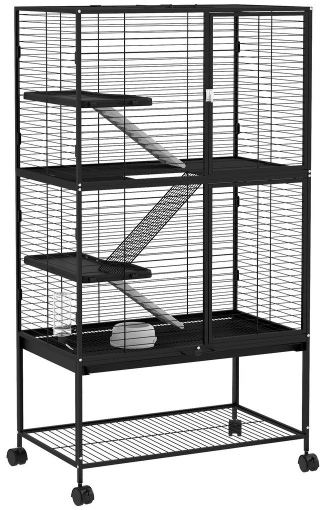 PawHut Gaiola para Animais Pequenos de 4 Níveis com Rodas Rampa Comedouro Bebedouro e Bandeja Removível 78x45,5x136 cm Preto | Aosom Portugal