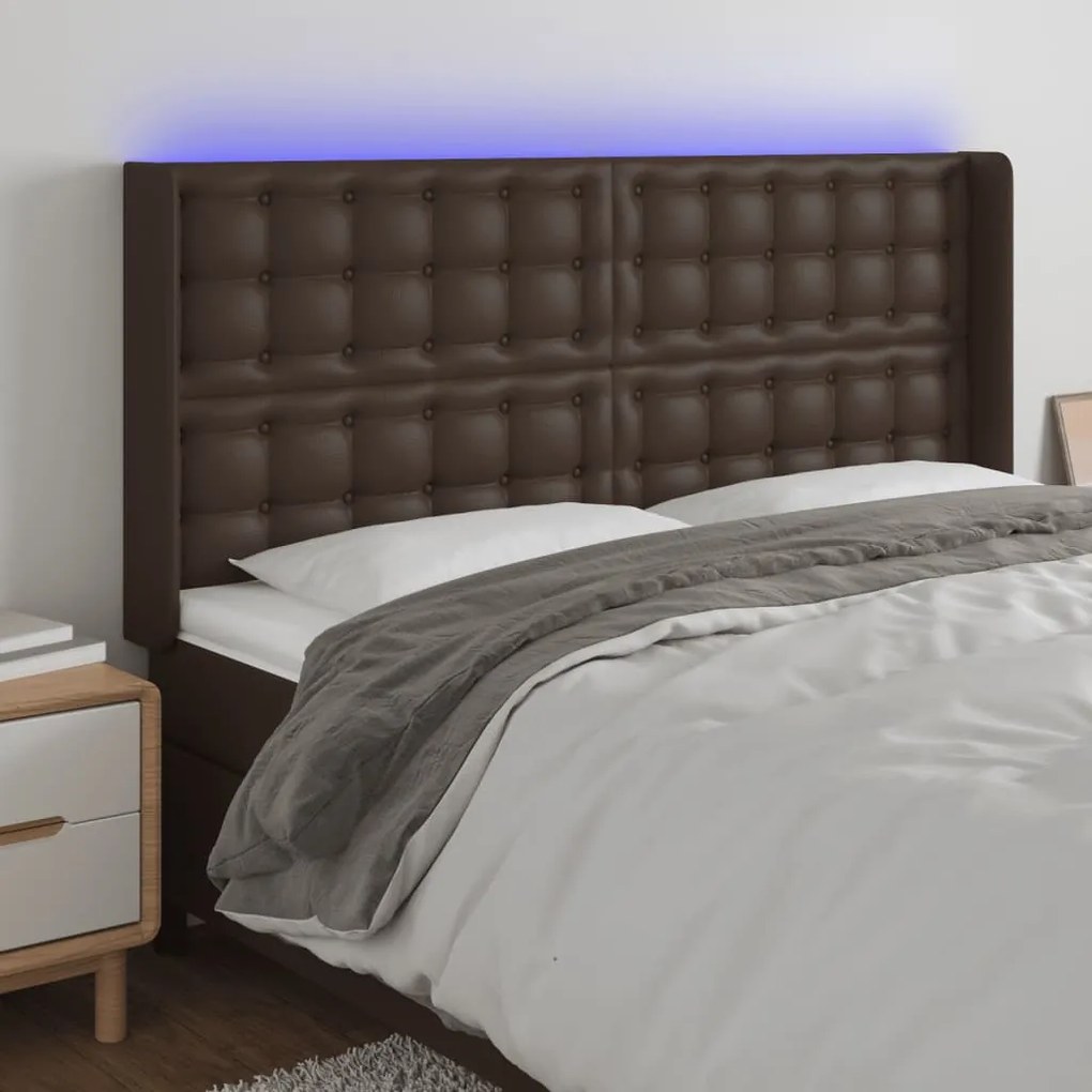 vidaXL Cabeceira cama c/ LED couro artif. 203x16x118/128 cm castanho