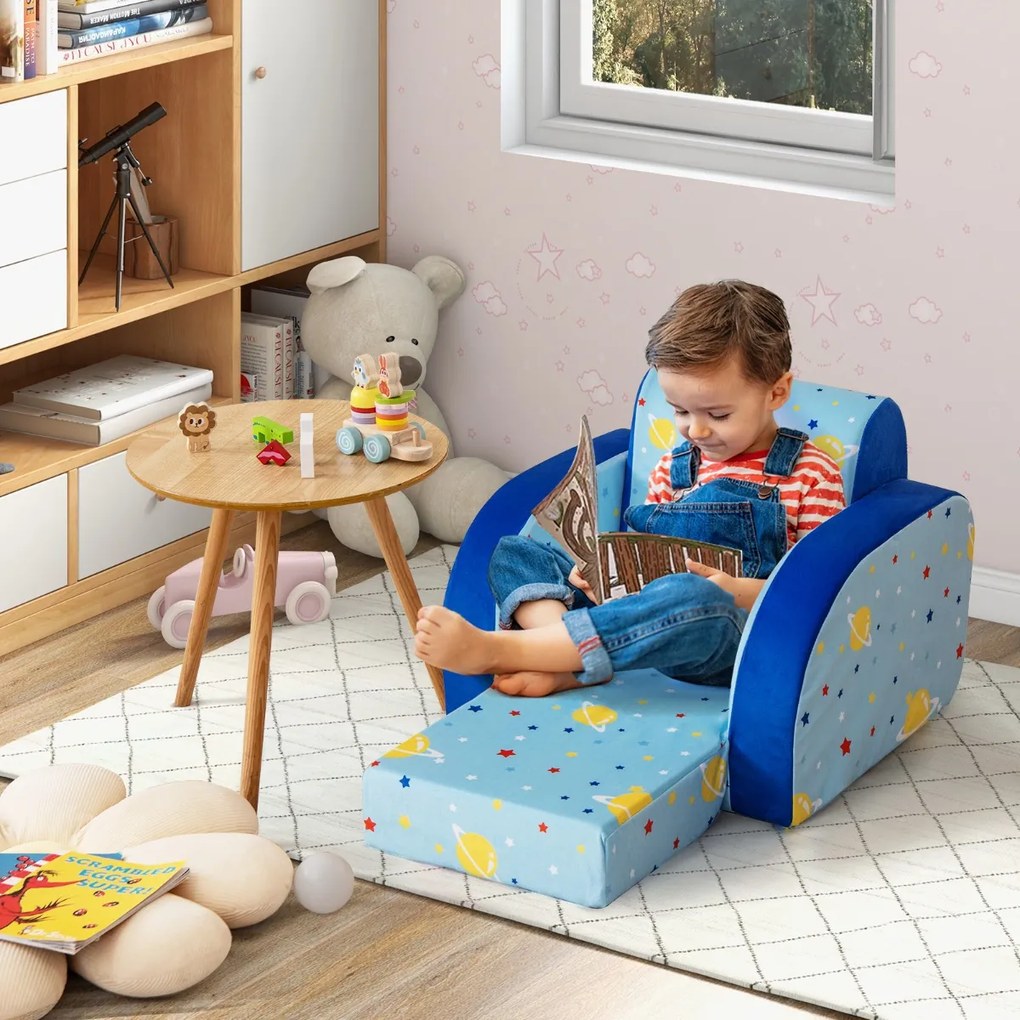 Poltrona infantil conversível 3 em 1 para crianças de 0 a 4 anos Sofá-cama com assento acolchoado de espuma Tecido de veludo 92 x 47,5 x 40 cm Azul