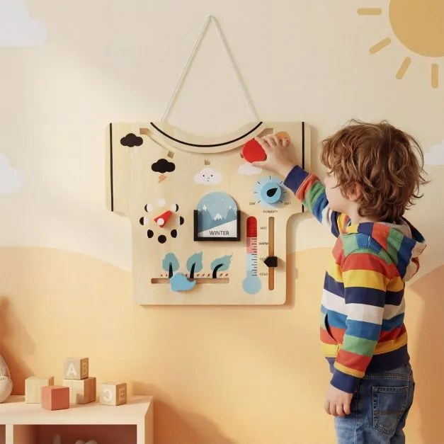 Calendário Infantil de Madeira Montessori sobre Estações Clima Fase Lunar Força do Vento Temperatura e Humidade Natural