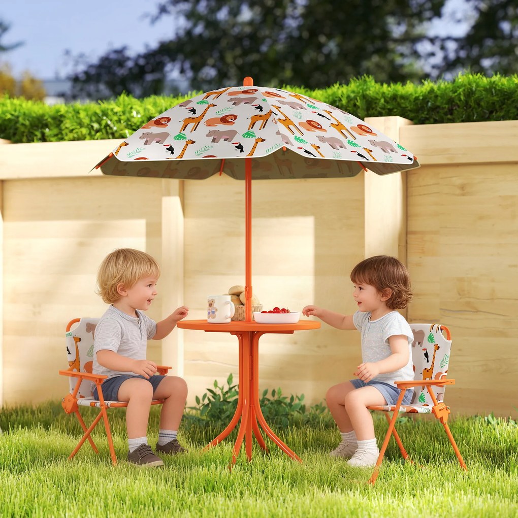 Conjunto de jardim infantil, mesa infantil com 2 cadeiras dobráveis e guarda-sol de Ø 100 cm, com motivos de animais, cor laranja
