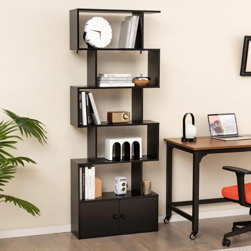Estante em forma de S com 6 níveis e portas 70 cm x 23 cm x 183 cm Design moderno e versátil para organizar e decorar a sala, o quarto ou o escritório