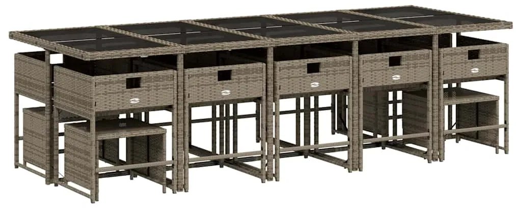 15 pcs conjunto jantar p/ jardim c/ almofadões vime PE cinzento