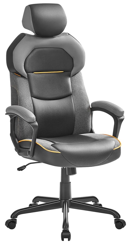 Cadeira de escritório SONGMICS, cadeira de computador, mistura de algodão e linho PU, encosto de cabeça ajustável, apoios de braços acolchoados, função de balanço, 150 kg, preta clássica, OBG066B01