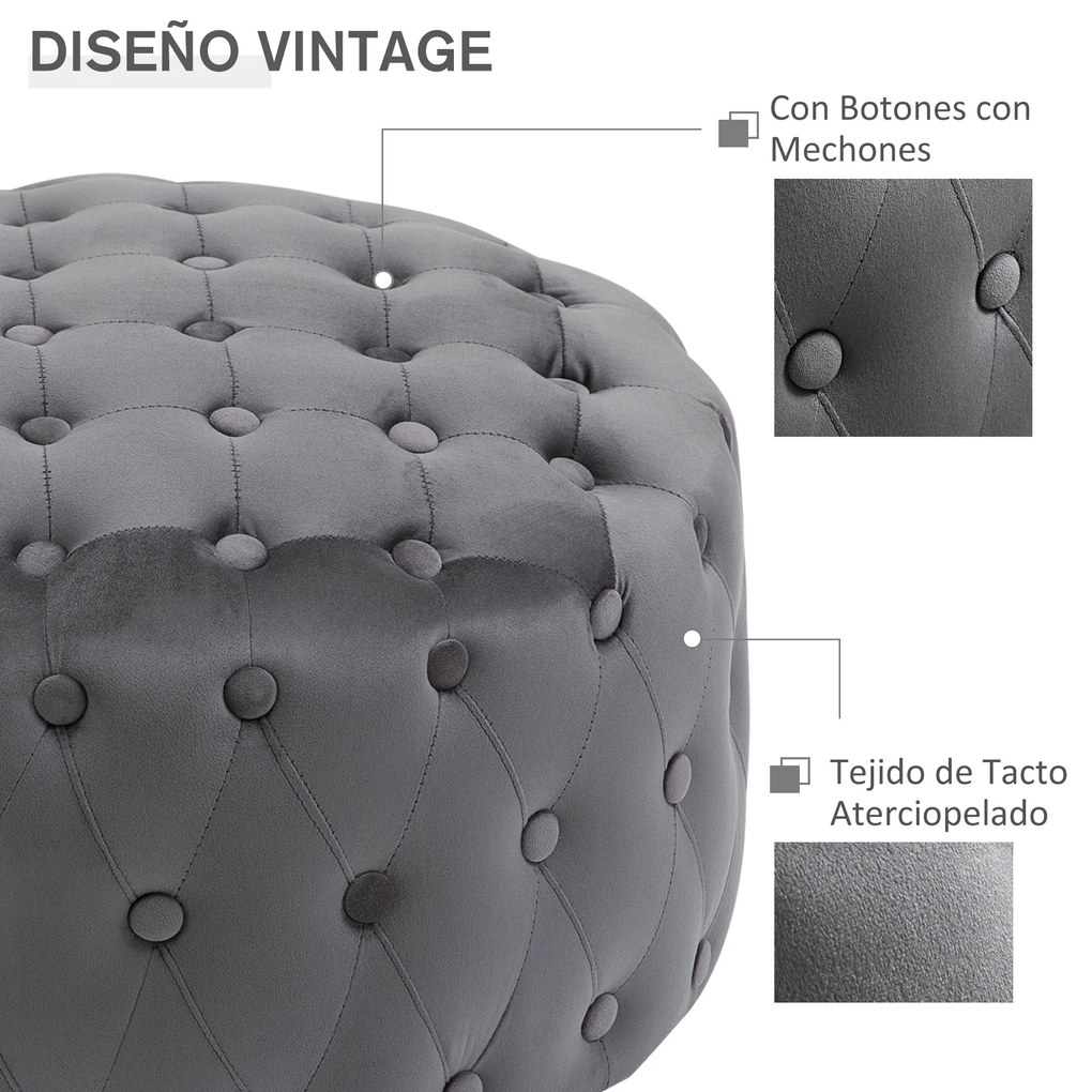 HOMCOM Pufe Otomano Tamborete estofado em veludo com botões Apoio para os pés acolchoado macio de desenho vintage Φ60x33 cm cinza escuro