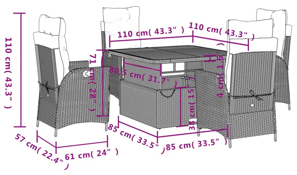 5 pcs conjunto de jantar p/ jardim com almofadões vime PE bege