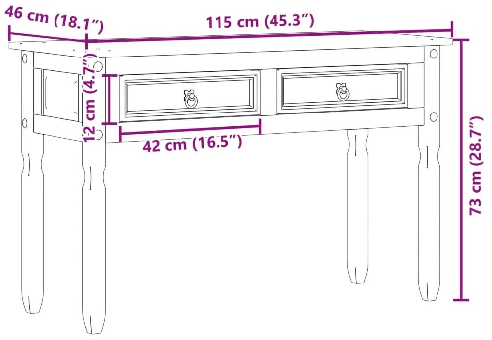 Mesa consola Corona 115x46x73 cm madeira de pinho maciça