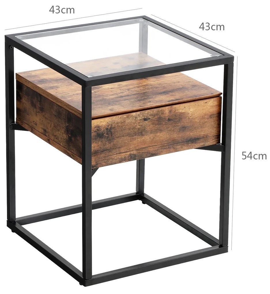Mesa de apoio ou mesa de cabeçeira de design industrial em vidro 43 x 43 x 54 cm Castanho Vintage -preto
