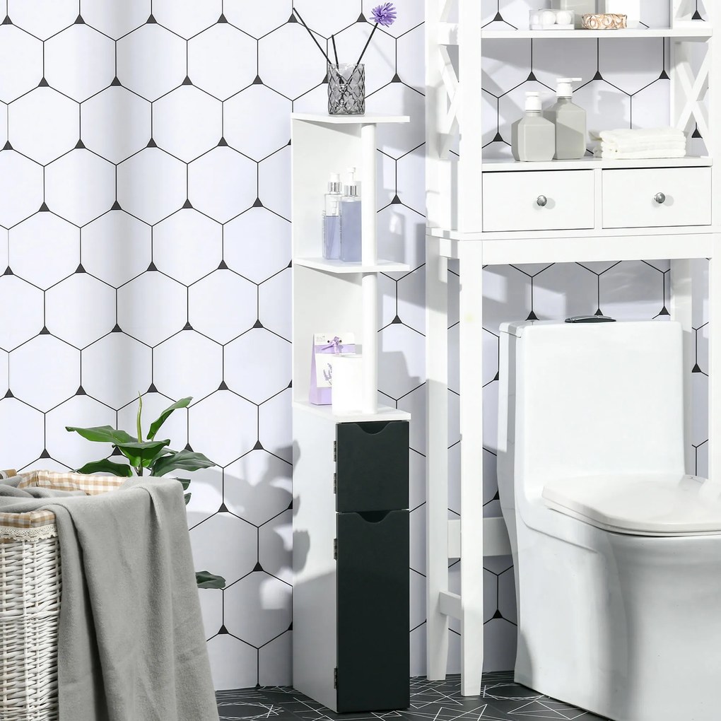 kleankin Armário Casa de Banho com 2 Portas e 2 Prateleiras Abertas Coluna Auxiliar para Casa de Banho Sala de Estar Dormitório Estilo Moderno 15,2x29,8x118cm Branco e Preto