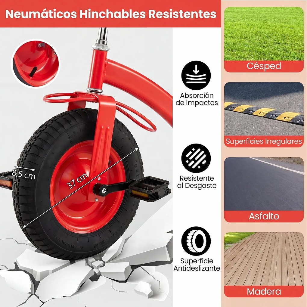 Triciclo Infantil, 117 x 55 x 68 cm, Assento e Guiador Ajustáveis, Vermelho