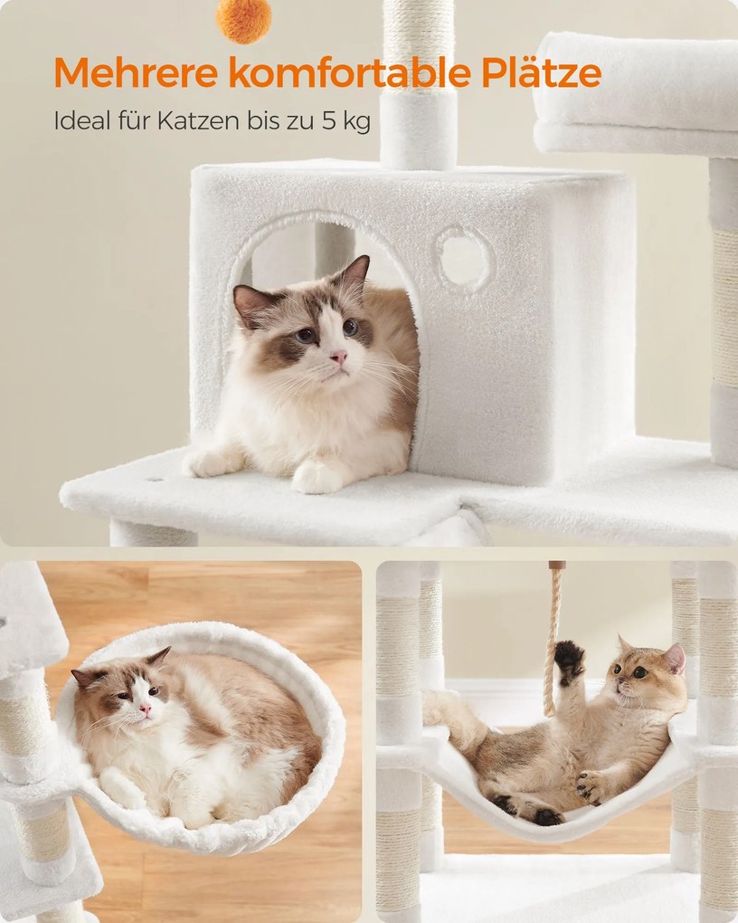 Arranhador Gatos grande 55 x 45 x 168 cm com 13 postes de arranhar branco creme