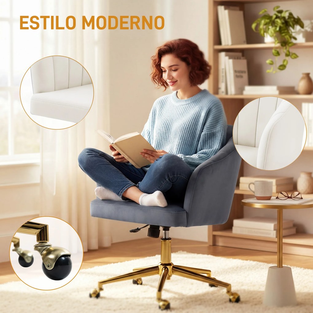 Cadeira de Escritório com Rodas de Veludo com Encosto Acolchoado Altura Ajustável Espuma Alta Resiliência Cinzento