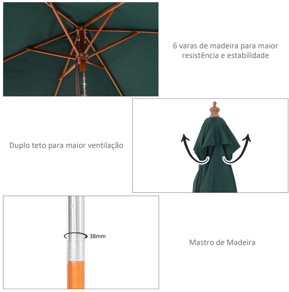 Chapéu de Sol de Jardim 200x150x230cm Chapéu de Sol Retangular Inclinável com Polia Duplo Teto e Mastro Desmontável de Madeira para Terraço Pátio Verd