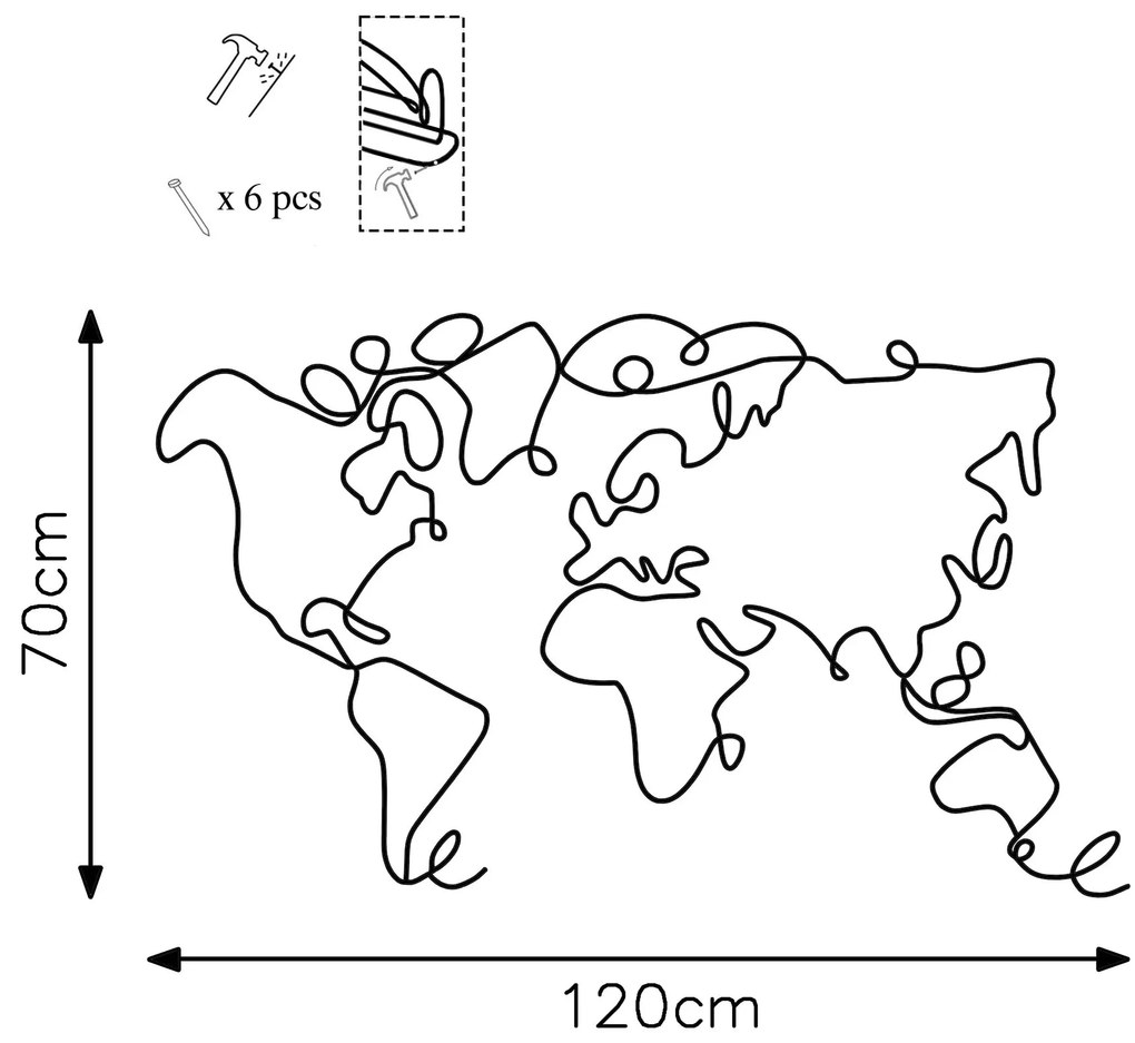 Acessório Decorativo de Parede World Map – Preto – 120 x 70 x 1,5 cm