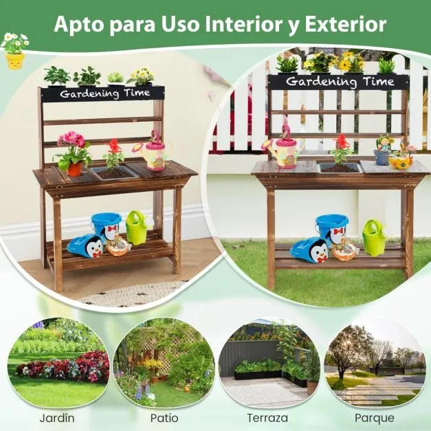 Mesa de jardim para crianças de abeto para crianças dos 3 aos 7 anos com pia amovível 4 vasos Quadro negro adicional Jardim