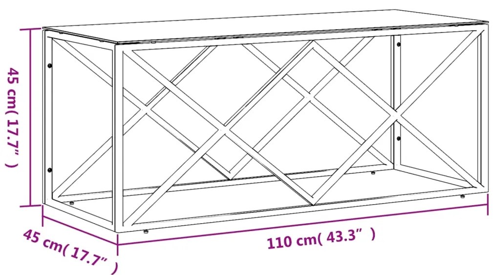 Mesa de centro 110x45x45 cm aço inoxidável e vidro