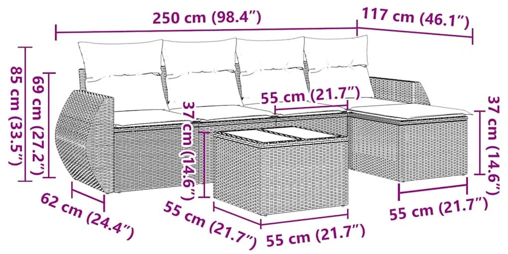 6 pcs conjunto sofás de jardim c/ almofadões vime PE preto