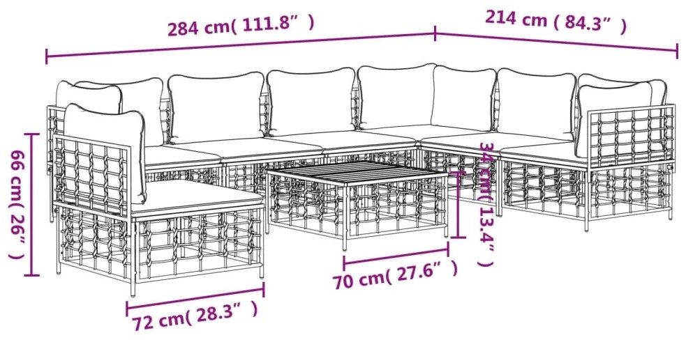 8 pcs conjunto lounge de jardim c/ almofadões vime PE antracite