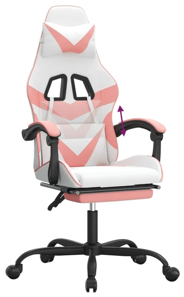 Cadeira gaming com apoio p/ pés couro artificial branco e rosa