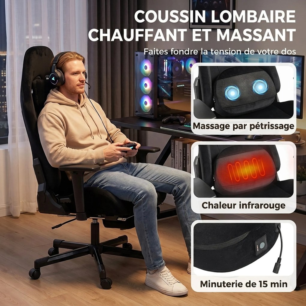 Cadeira Gaming, 73 x 70,5 x 137,5 cm, Massagem com Calor, Preta