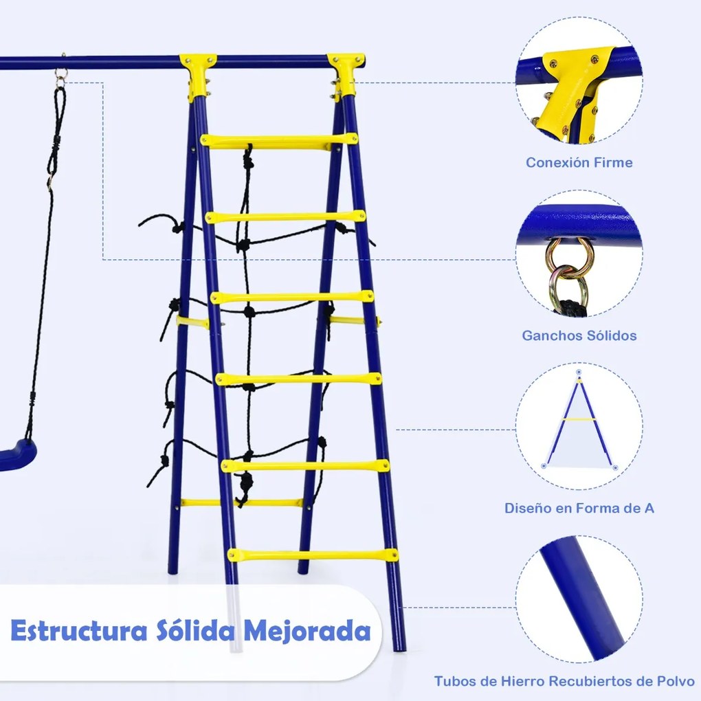 Conjunto de baloiço de jardim para crianças 5 em 1 com cesto de basquetebol Rede de trepar Estrutura metálica para parque de jardim295 x 138 x 176,5 c