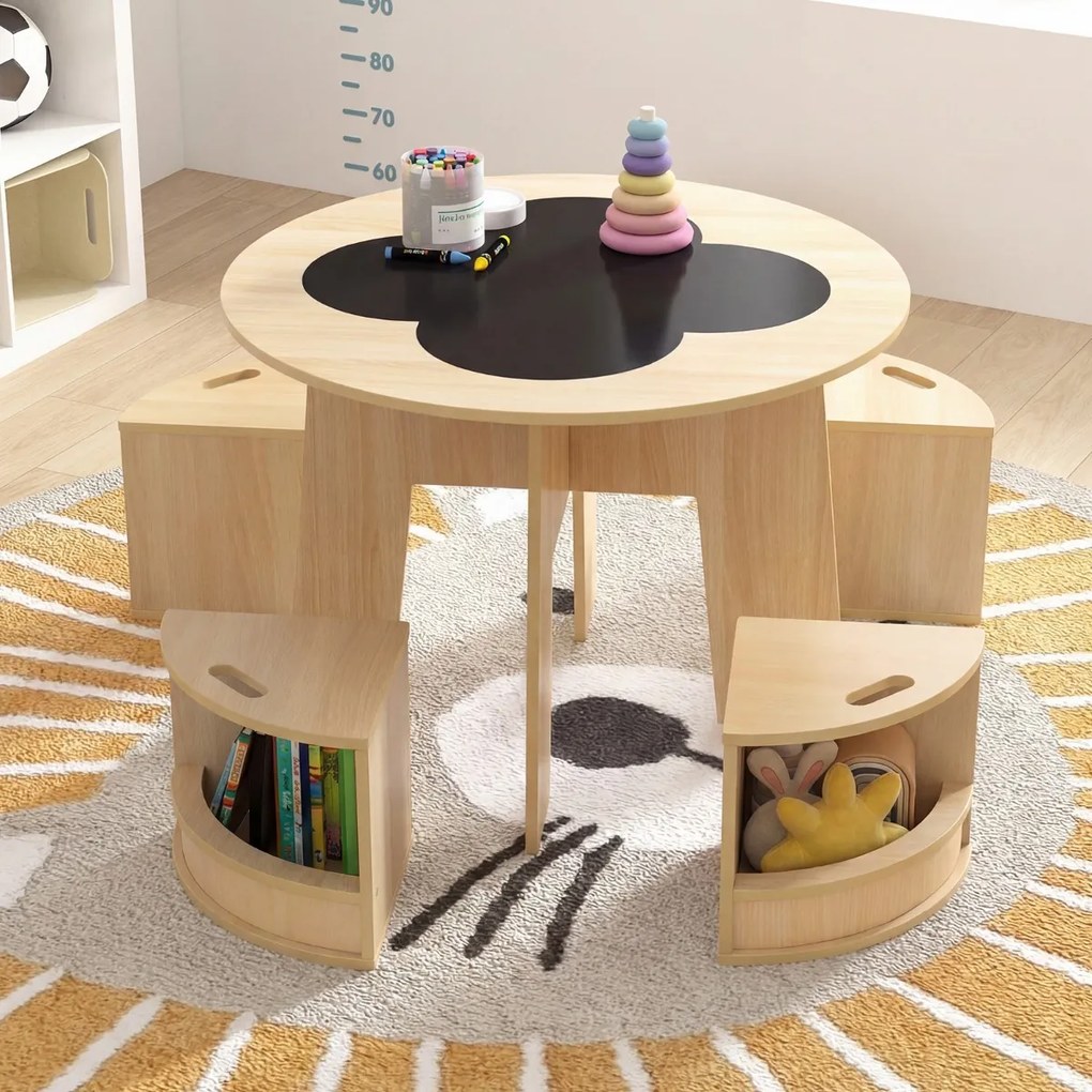 Conjunto de mesa e cadeiras para crianças de 5 peças: mesa redonda empilhável para crianças com bancos para atividades, economiza espaço, estilo natur