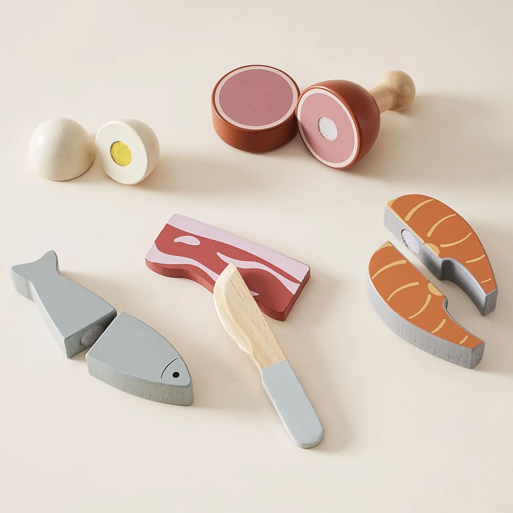 Conjunto de Comidas de Brincar Infantil de Madeira - Carne