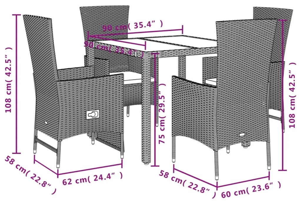 5 pcs conjunto de jantar p/ jardim com almofadões vime PE bege