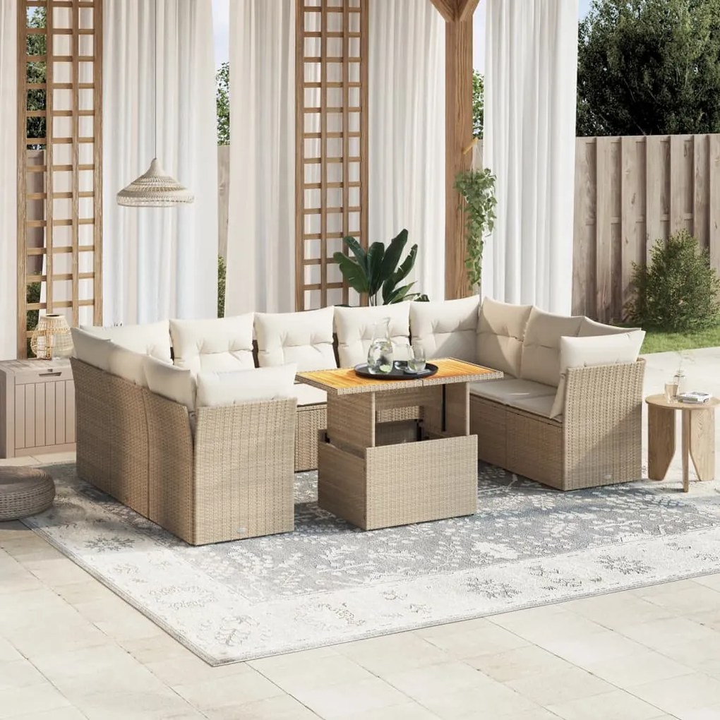 10 pcs conjunto de sofás p/ jardim com almofadões vime PE bege
