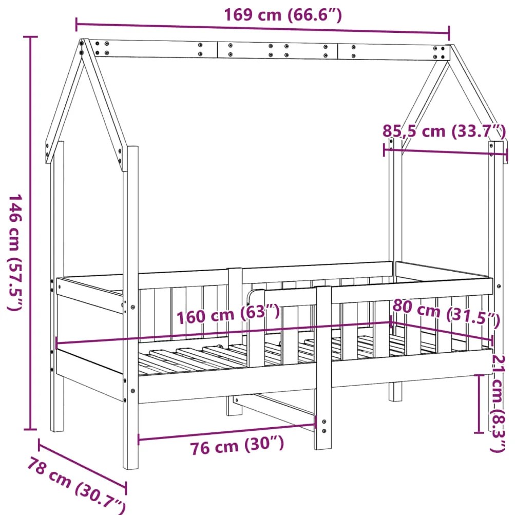 Cama infantil formato casa 80x160 cm pinho maciço castanho-mel