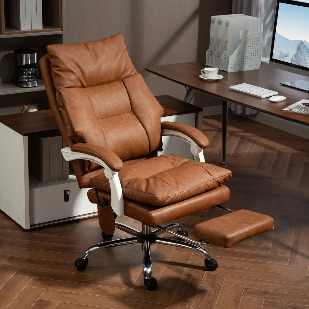 Cadeira de Escritório com Suporte Lombar Inflável Estofada em PU e Encosto Reclinável 65x76x113-121 cm Castanho