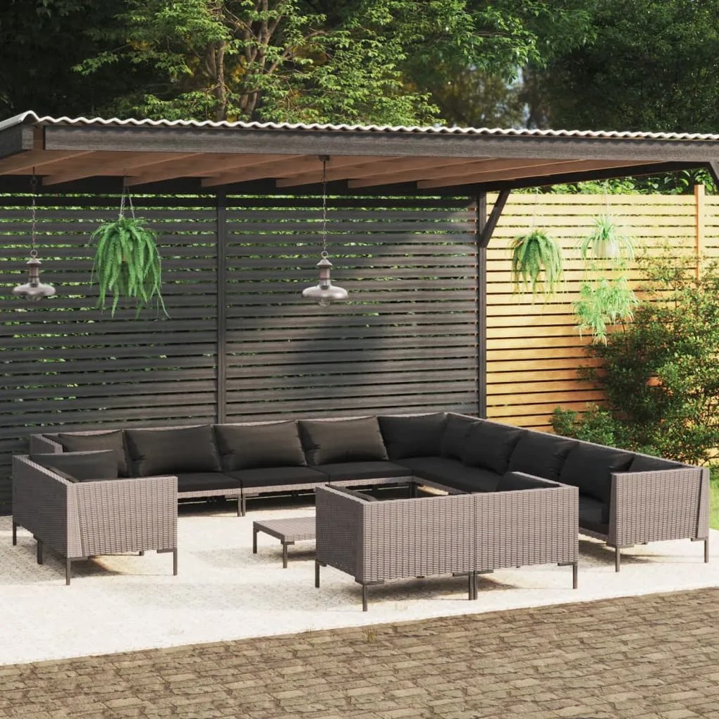 vidaXL 14 pcs conj. lounge jardim c/ almofadões vime PE cinza-escuro