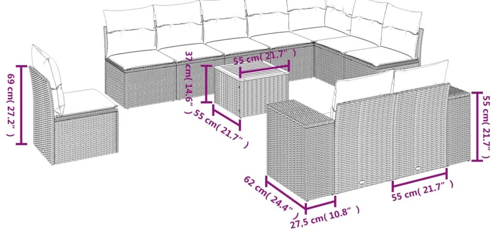 11 pcs conjunto sofás de jardim c/ almofadões vime PE preto