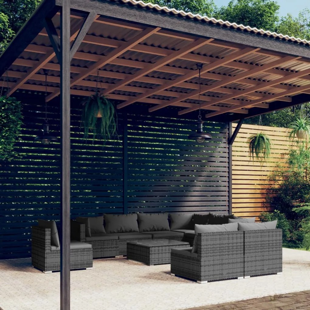 vidaXL 10 pcs conjunto lounge de jardim c/ almofadões vime PE cinzento