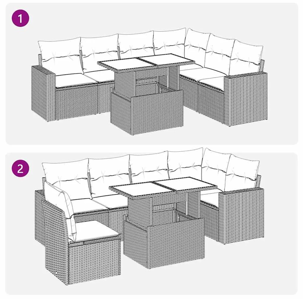 7 pcs conjunto de sofás p/ jardim com almofadões vime PE bege