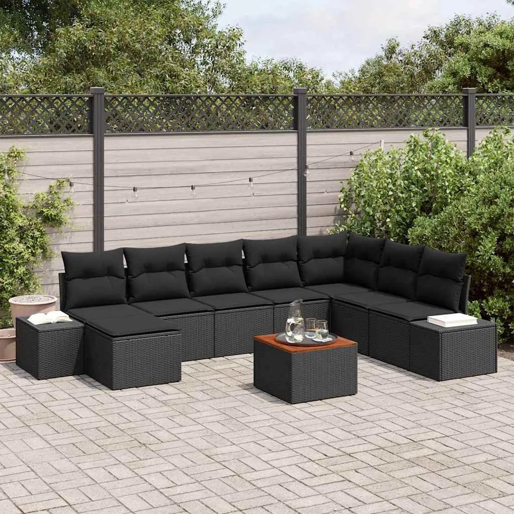 vidaXL Conjunto de Sofá de Jardim com almofada 9 pcs Preto vime PE
