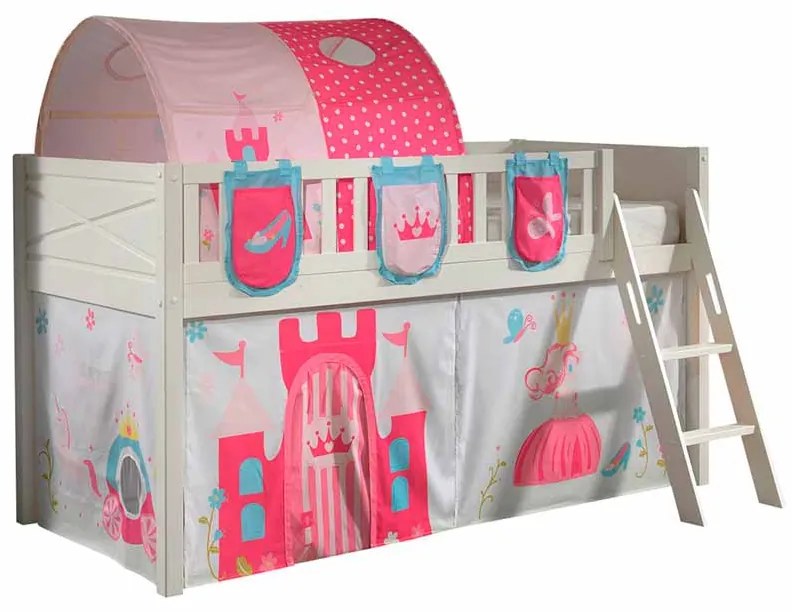 Conjunto cama alta Infantil SCOTT + cortina de brincar PRINCESAS + Túnel + 3 bolsos de arrumação Branca