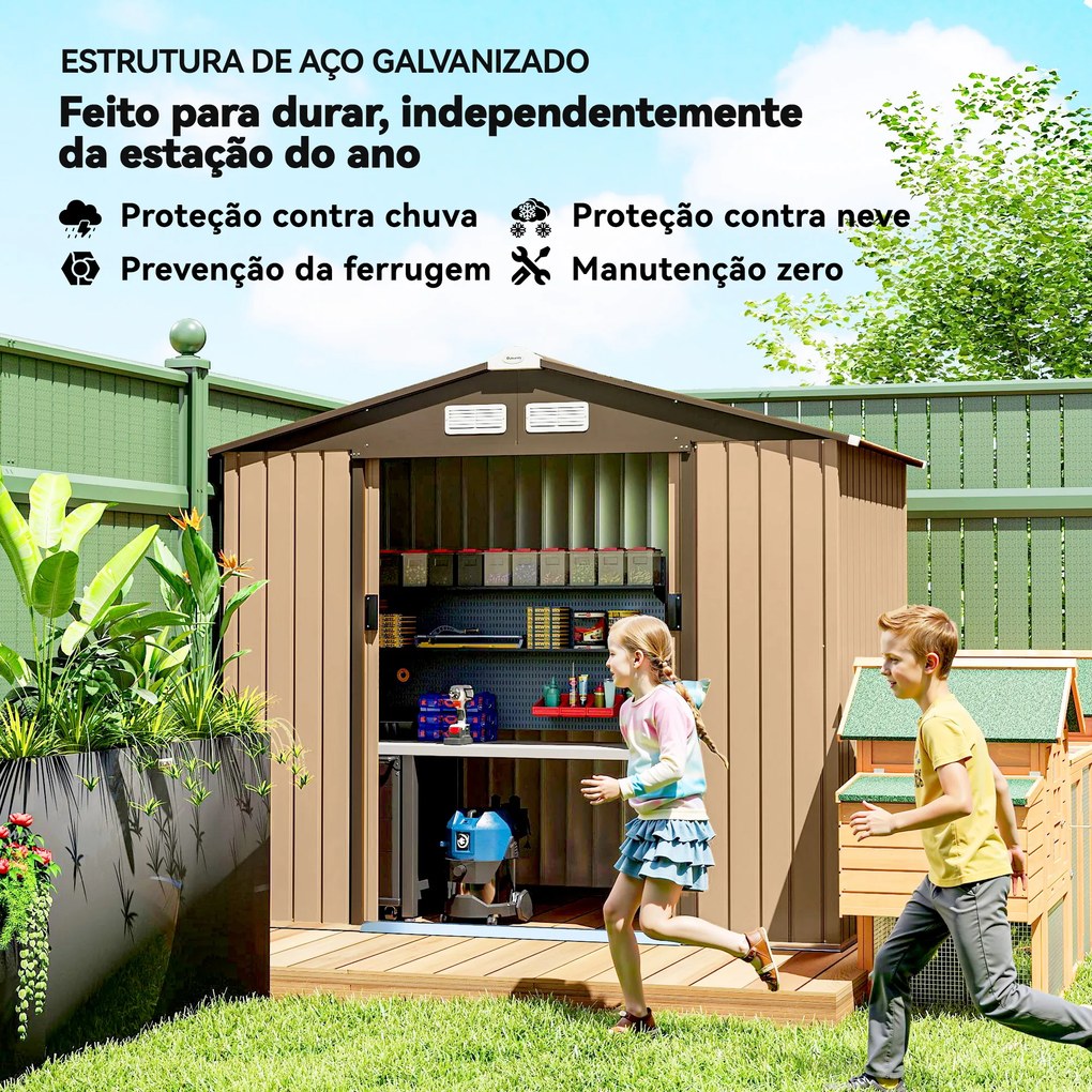 Abrigo de Jardim 2,42 m² 213x130x185 cm Abrigo de Jardim Metálico com Porta Deslizante Ventilação e Kit de Fundação Castanho