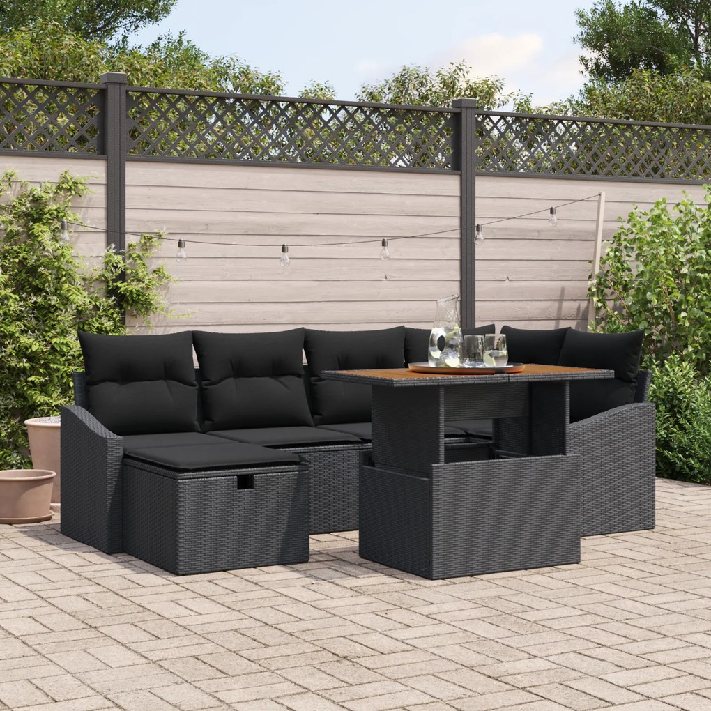 Conjunto de Sofás de Jardim de 7 Peças com Almofadas Preto Rattan Poli
