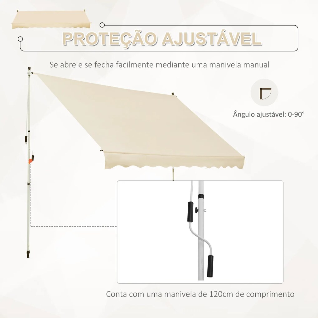 Toldo Portátil Pátio Varanda 3x1,5m Toldo Manual Dobrável de Alumínio Altura Regulável com Manivela para Terraço Jardim Bege